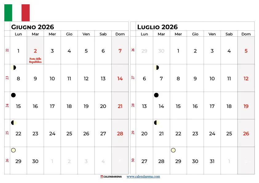 Calendario Giugno Luglio 2026