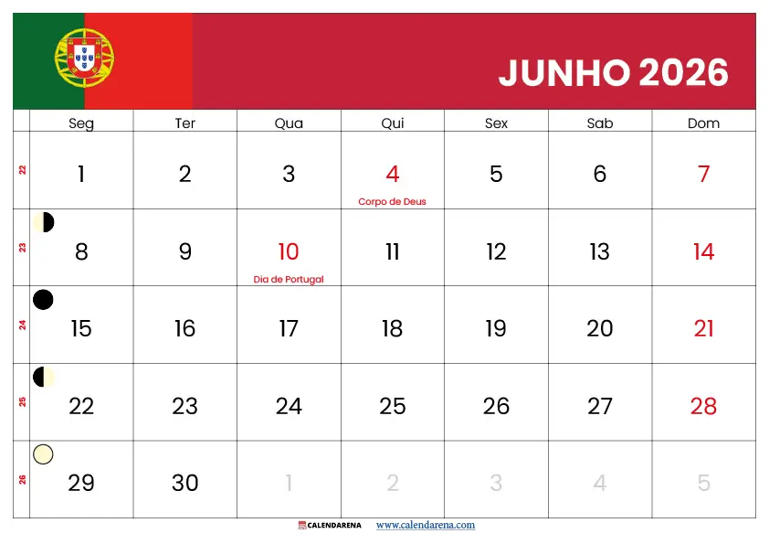 Calendário Junho 2026 Com Feriados Portugal