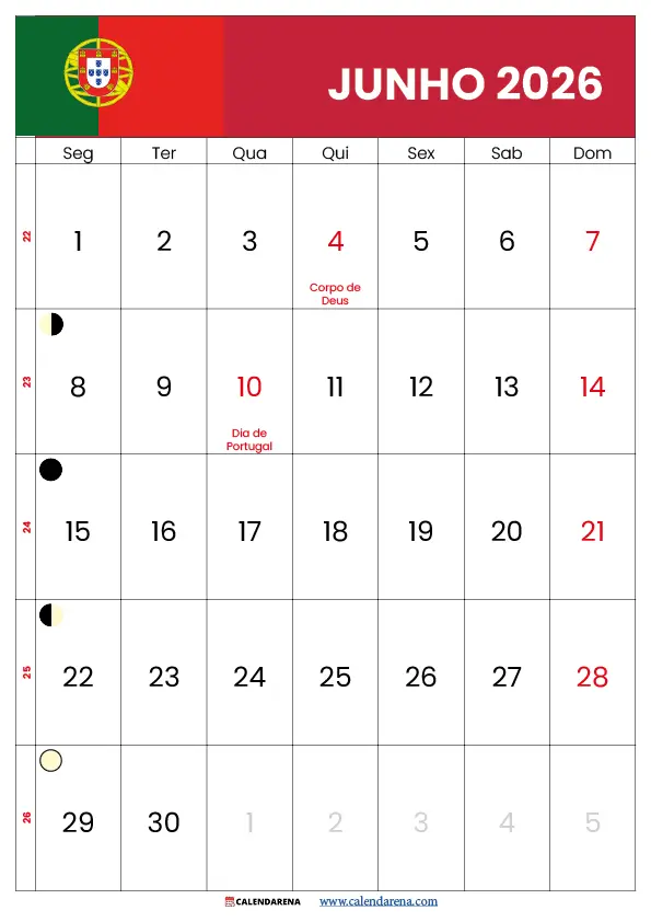 Calendário Junho 2026 Portugal