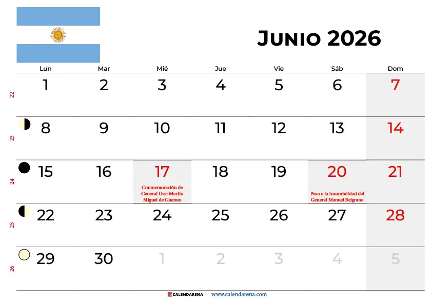 Calendario Junio 2026 Argentina Para Imprimir