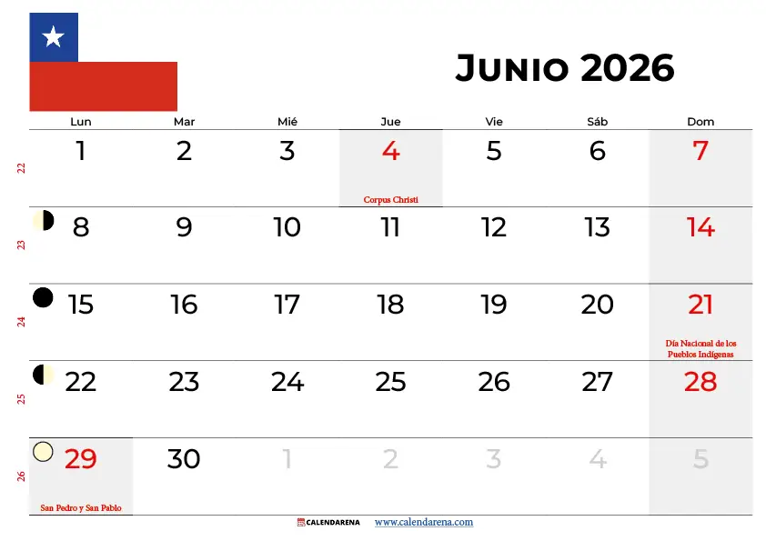 Calendario Junio 2026 Chile