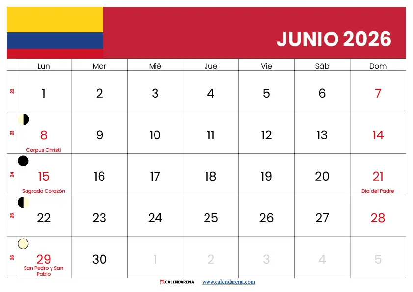 Calendario Junio 2026 Con Festivos Colombia