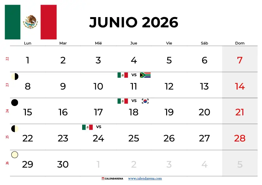Calendario Junio 2026 México