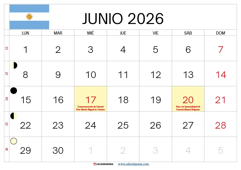 Calendario Junio 2026 Para Imprimir Argentina