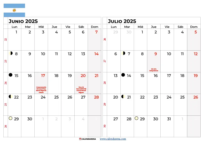 Calendario Junio Julio 2026 Argentina
