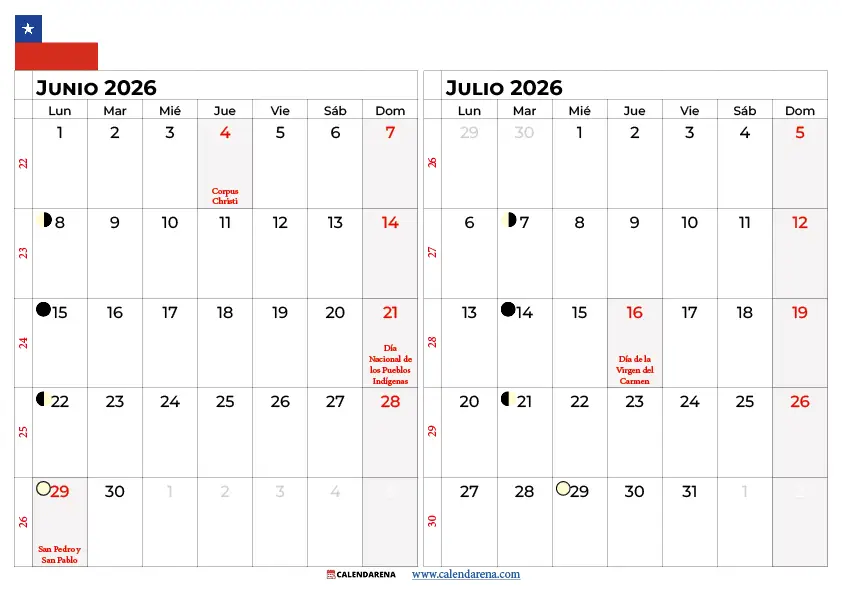 Calendario Junio Y Julio 2026 Chile