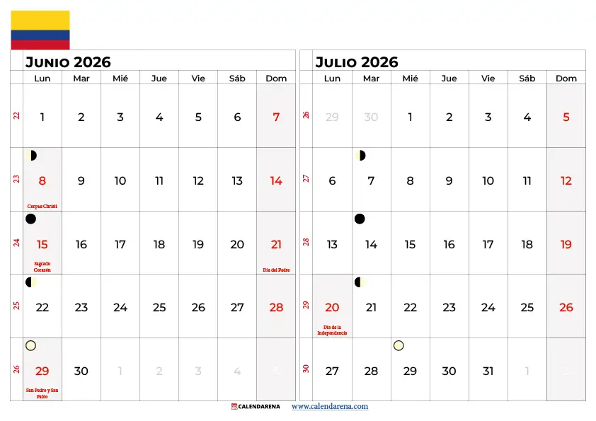 Calendario Junio Y Julio 2026 Colombia