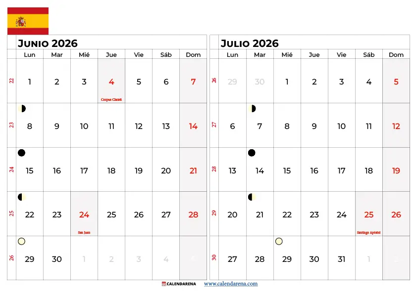Calendario Junio Y Julio 2026 España