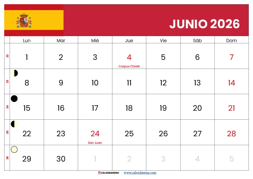 Calendario Lunar Junio 2026 España