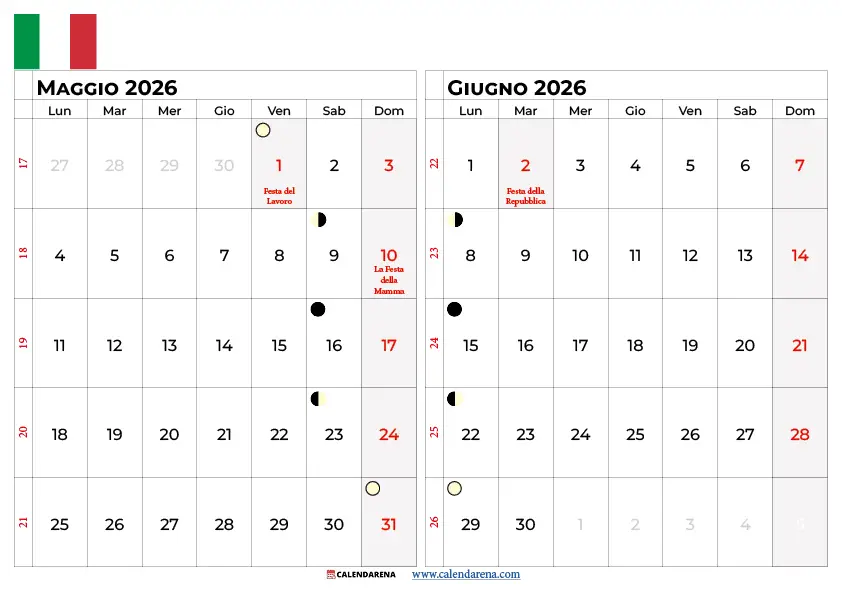 Calendario Maggio Giugno 2026