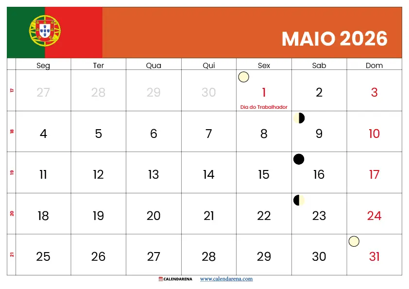 Calendário Maio 2026 Para Imprimir Portugal