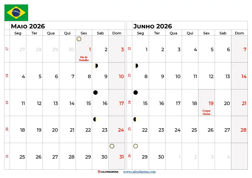 Calendário Maio E Junho 2026 Brasil