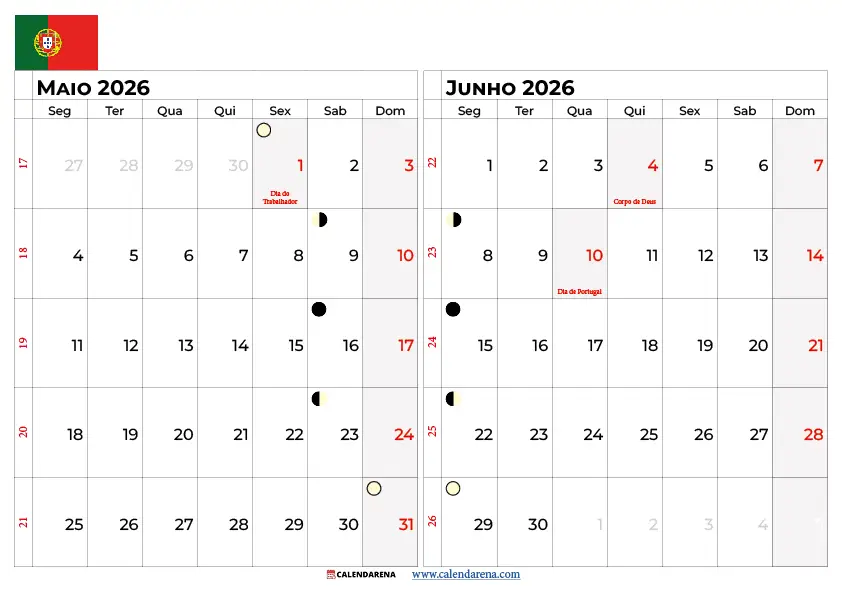 Calendario Maio E Junho 2026 Portugal