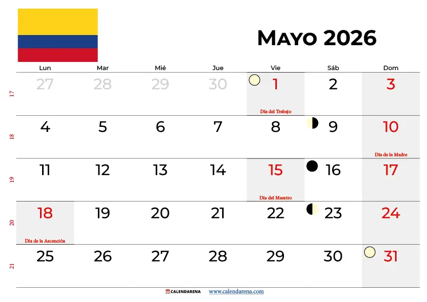 Calendario Mayo 2026 Colombia