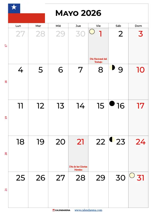 Calendario Mayo 2026 Para Imprimir Chile