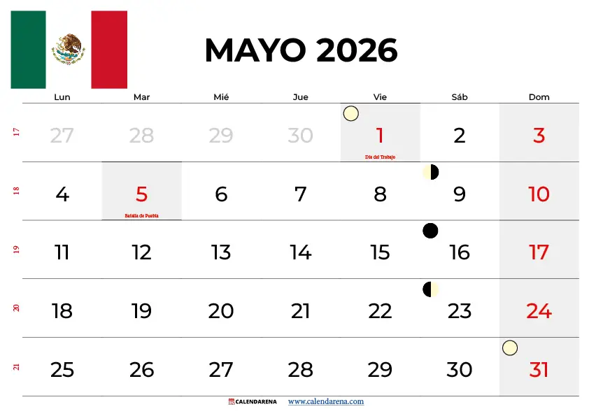 Calendario Mayo 2026 Para Imprimir México