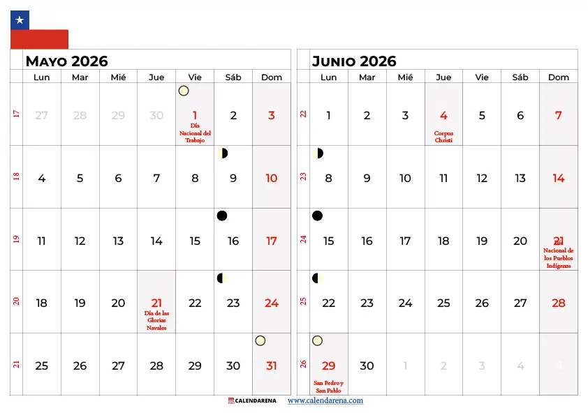Calendario Mayo Junio 2026 Chile