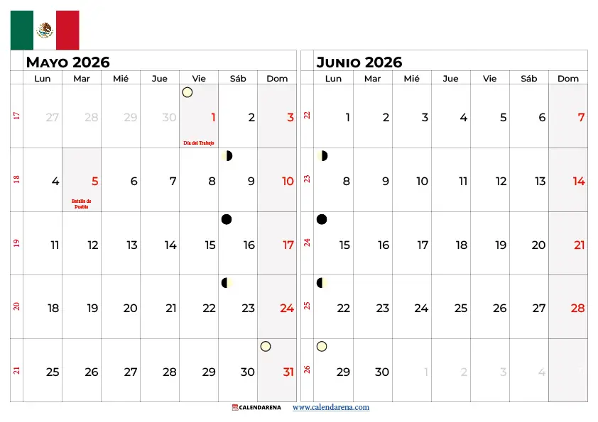 Calendario Mayo Junio 2026 México
