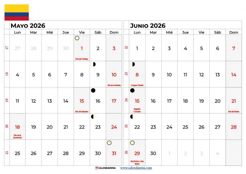 Calendario Mayo Y Junio 2026 Colombia