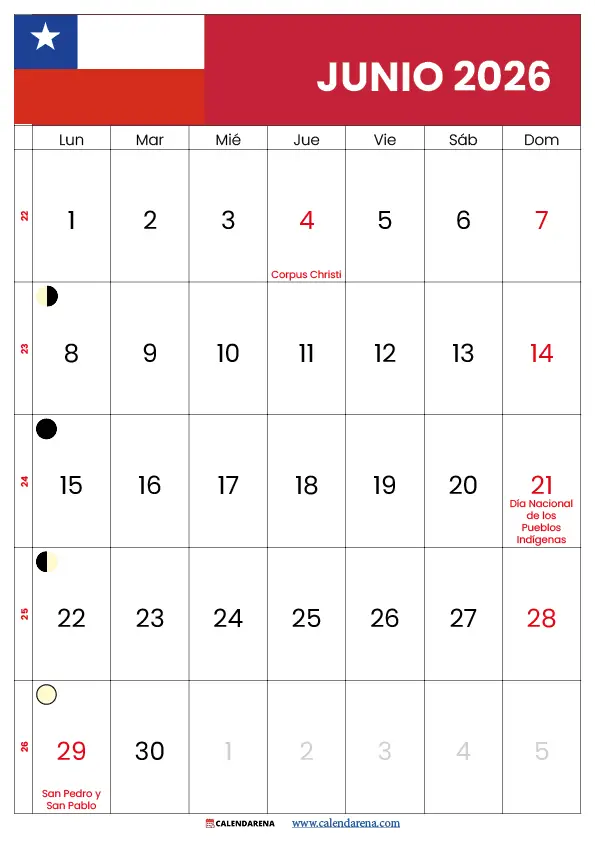 Calendario Mes De Junio 2026 Chile