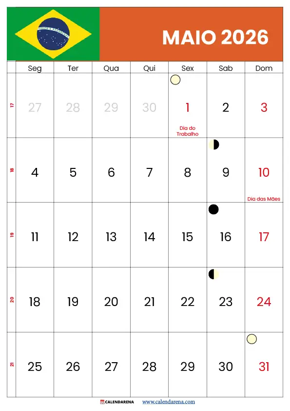 Calendário Mês De Maio 2026 Brasil