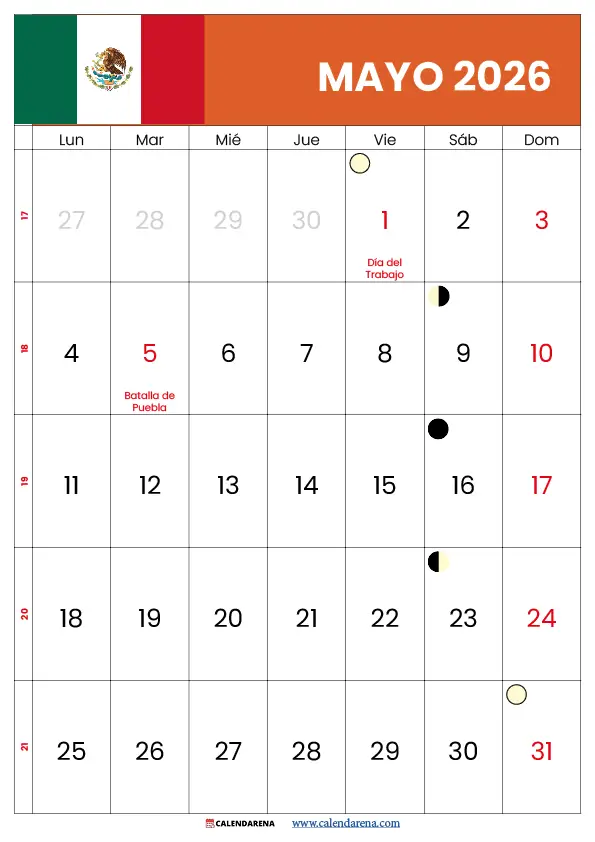 Calendario Mes De Mayo 2026 México