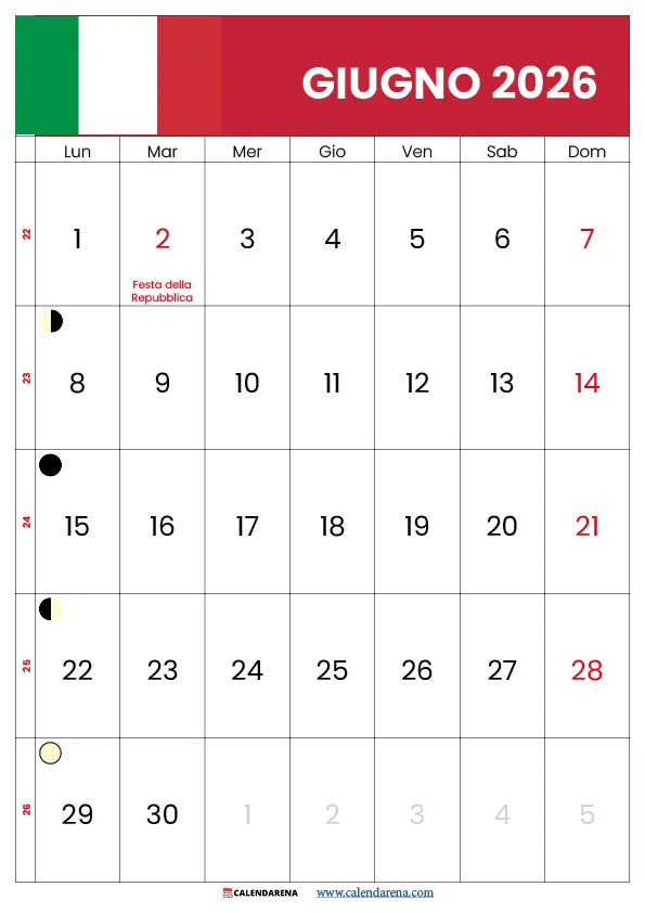 Calendario Mese Di Giugno 2026