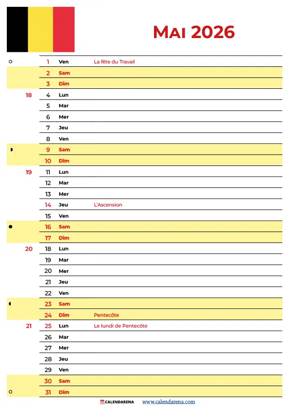 Calendrier 2026 Avec Semaine Belgique