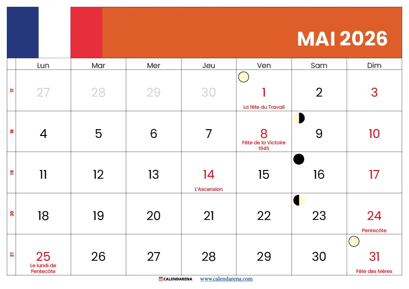 Calendrier 2026 Mai
