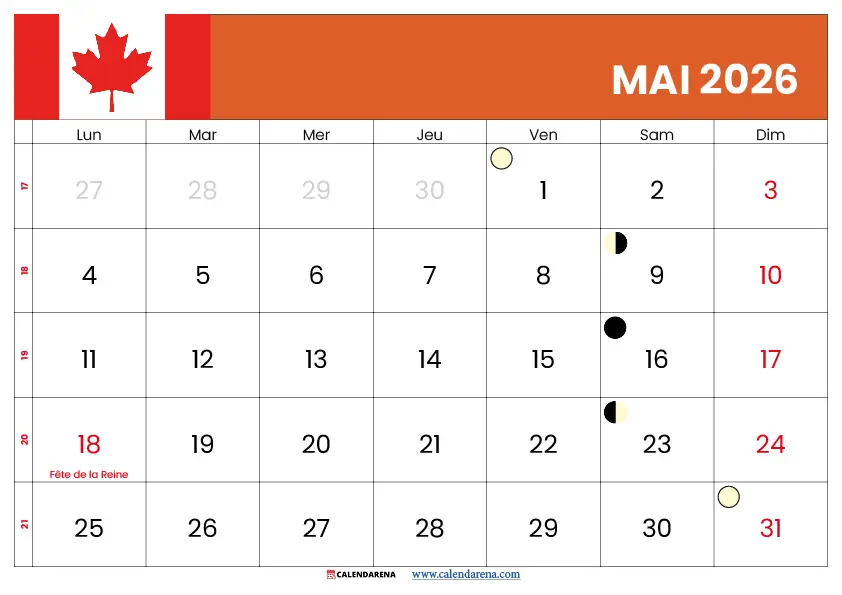 Calendrier De Mai 2026 Québec