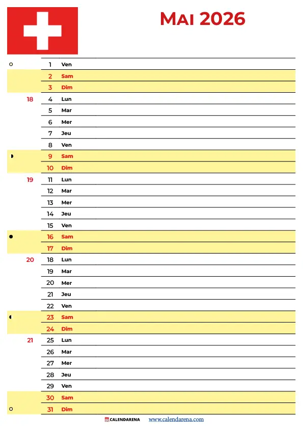 Calendrier Mai 2026 À Imprimer Gratuit Suisse