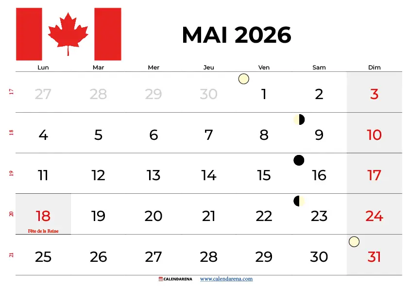 Calendrier Mai 2026 À Imprimer Québec