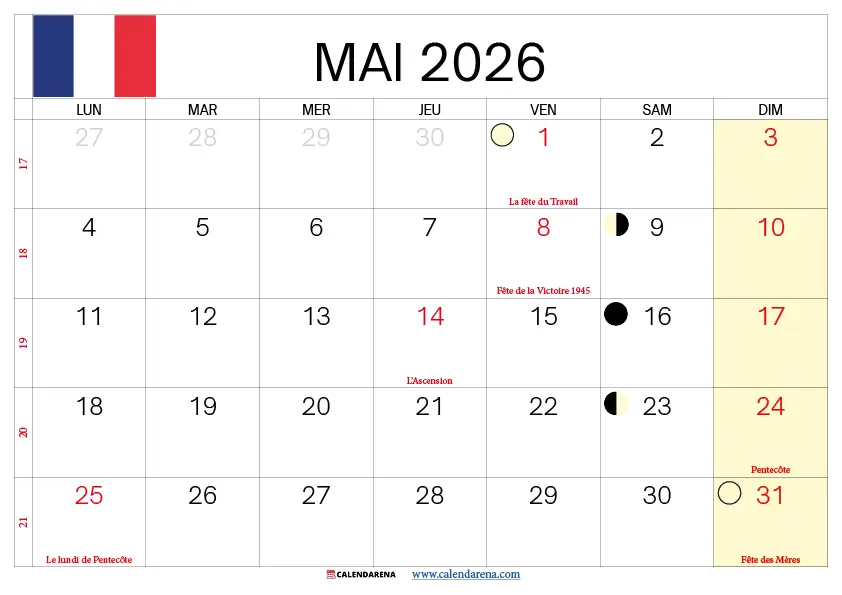 Calendrier Mai 2026 À Imprimer