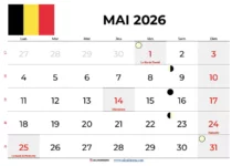 Calendrier Mai 2026 Belgique