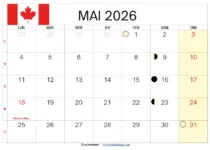 Calendrier Mai 2026 Québec