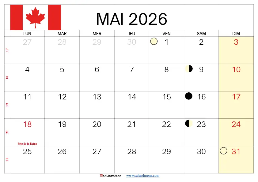 Calendrier Mai 2026 Québec