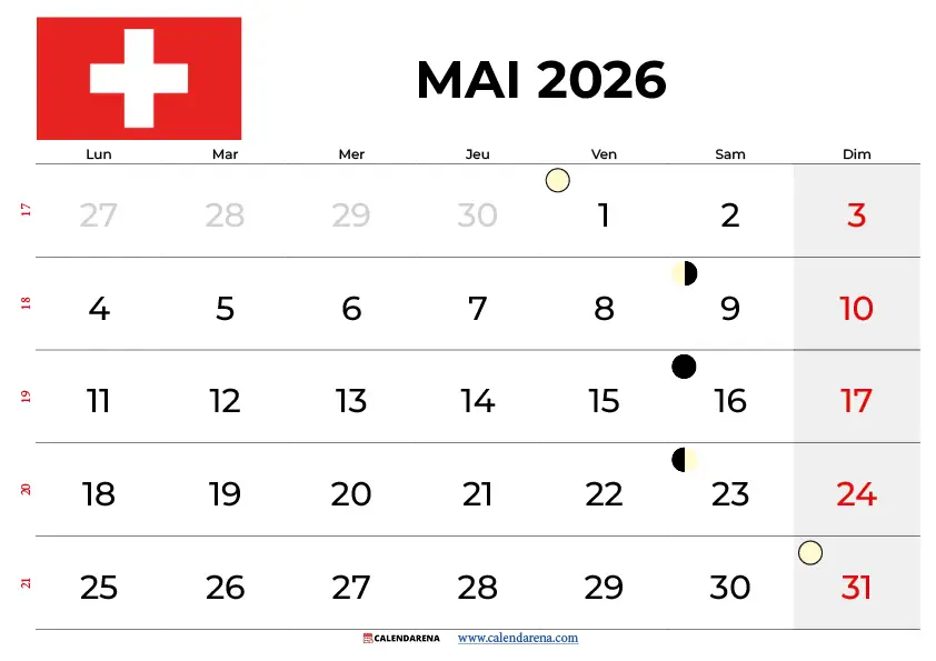Calendrier Mai 2026 Suisse