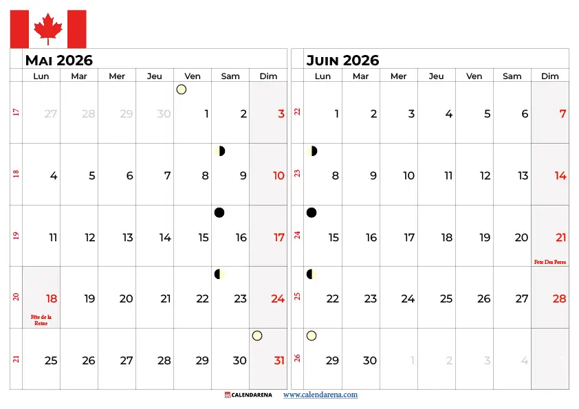 Calendrier Mai Juin 2026 Québec