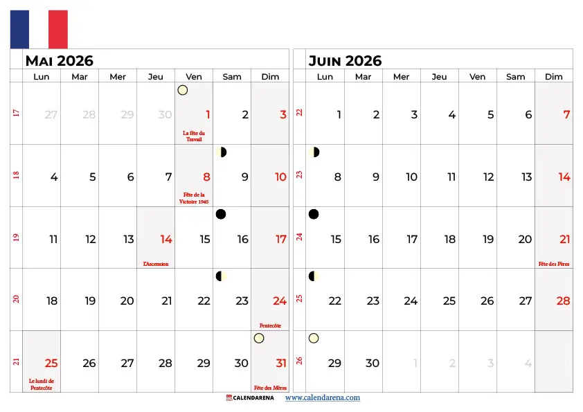 Calendrier Mai Juin 2026