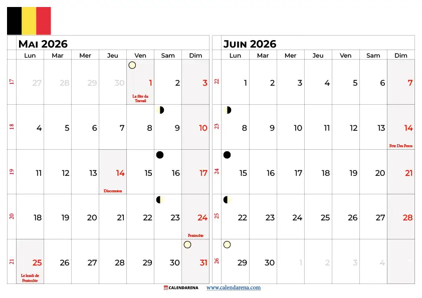 Calendrier Mai juin 2026 Belgique
