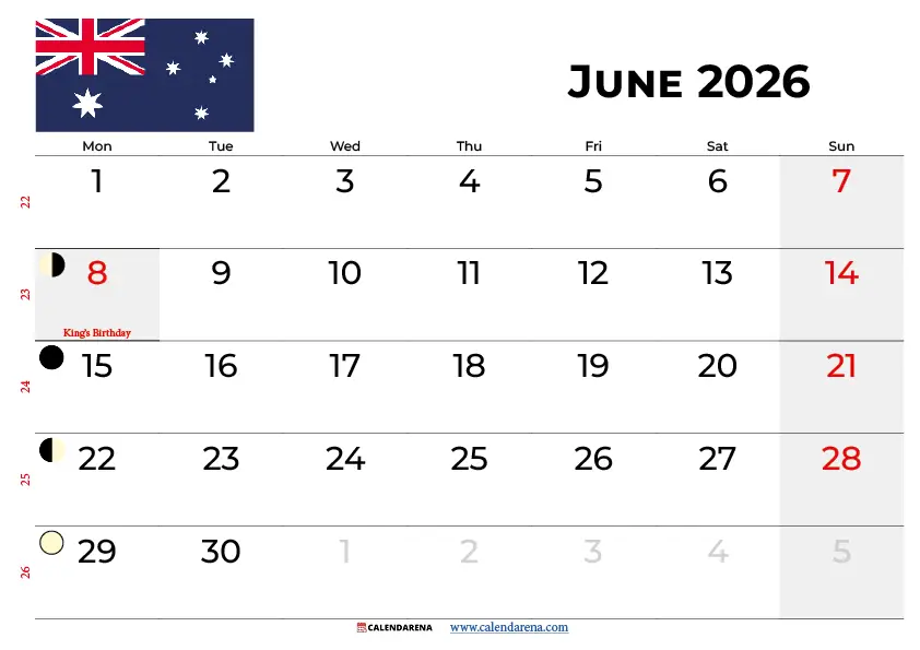 June 2026 Calendar Australia