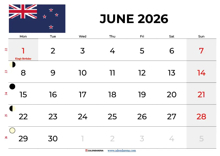 June 2026 Calendar Nz