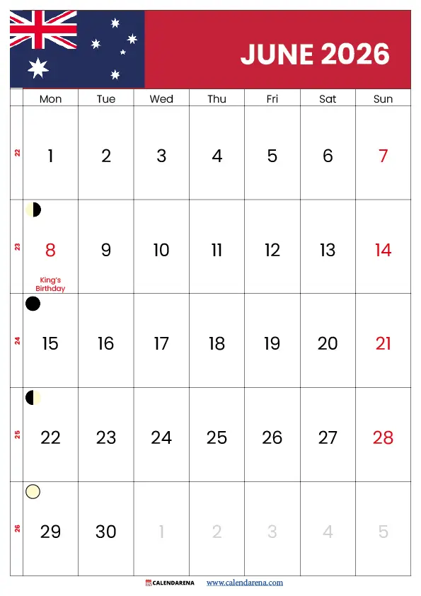 June 2026 Calendar Printable Australia