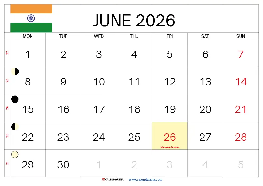 June 2026 Calendar With Holidays India