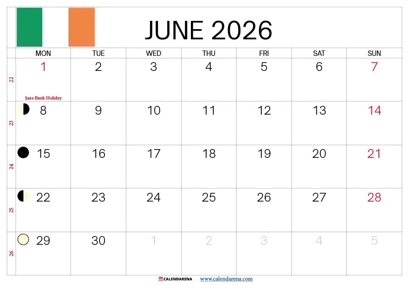 June 2026 Calendar With Holidays ireland