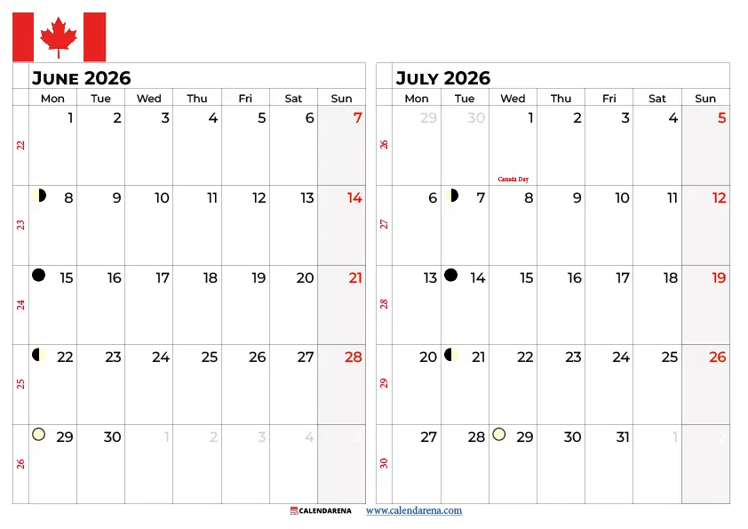 June And July 2026 Calendar Canada