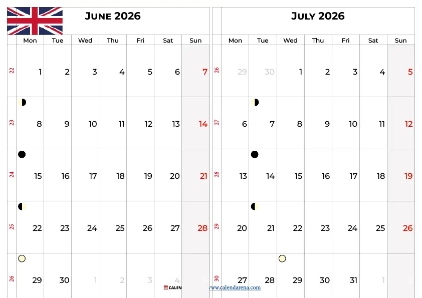 June And July 2026 Calendar Uk
