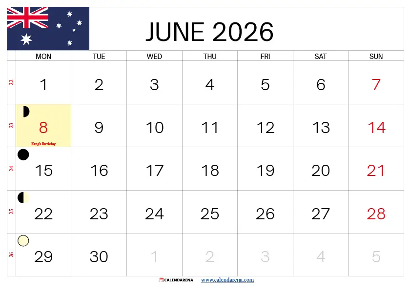 June Calendar 2026 Australia