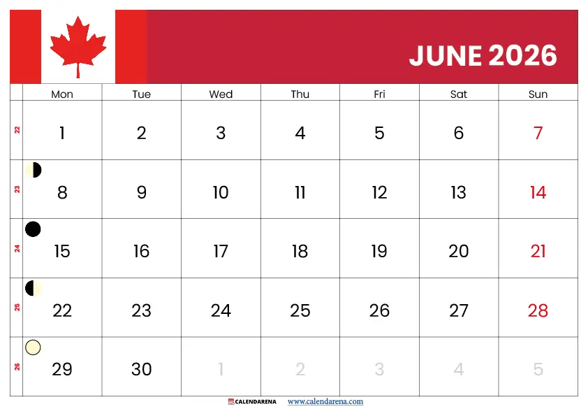 June Calendar 2026 Canada