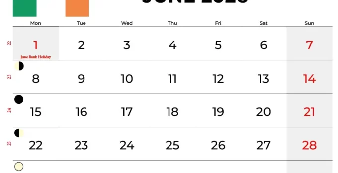 June Calendar 2026 Ireland